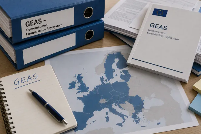 Auf einem Schreibtisch befinden sich eine Europa-Karte sowie Informationsmaterialien zu GEAS, dem gemeinsamen europäischem Asylsystem.