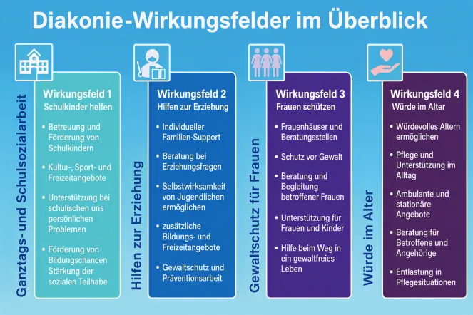 Vier Wirkungsfelder für die Diakonie Partnerschaft: Schulsozialarbeit, Hilfen zur Erziehung, Frauen schützen, Würde im Alter