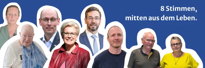 Header zum Pflegeneuordnungsgesetz mit Textbanner: 8 Stimmen, mitten aus dem Leben.