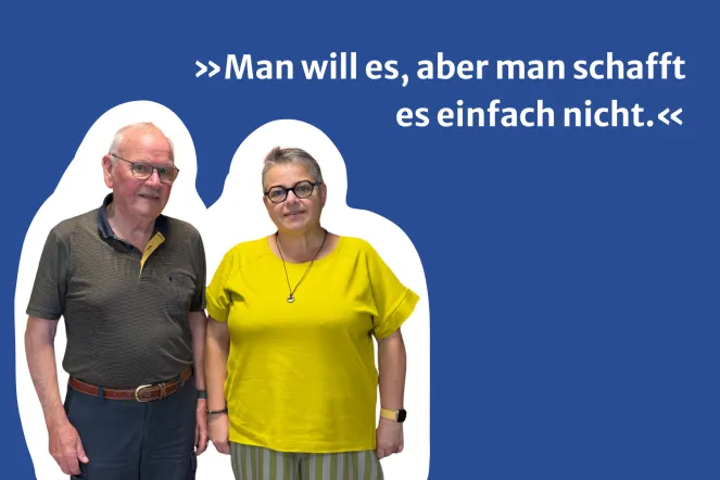 Porträtfoto der pflegenden Familie Klein mit Textbanner: "Man will es, aber man schafft es einfach nicht."