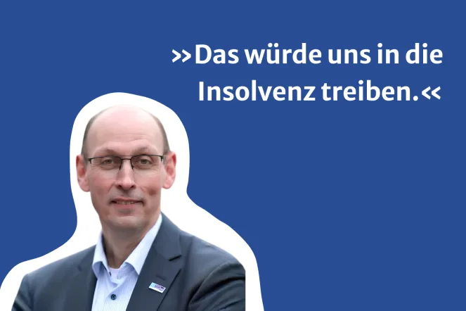 Porträtfoto des theologischen Vorstands Lunkenheimer mit Textbanner "Das würde uns in die Insolvenz treiben."