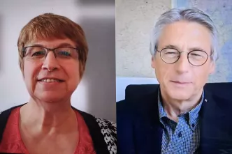 Gespräch per Videokonferenz: Helga Siemens-Weibring (links) und Jens Rautenberg tauschen sich über die Arbeit in der Diakonie Rheinland-Pfalz aus. (Screenshot)