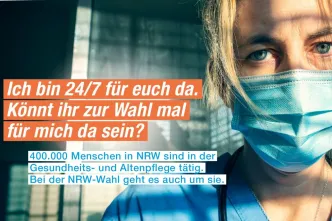 Pflegekraft auf dem Kampagnenplakat der Diakonie RWL zum Sozial-O-Mat.